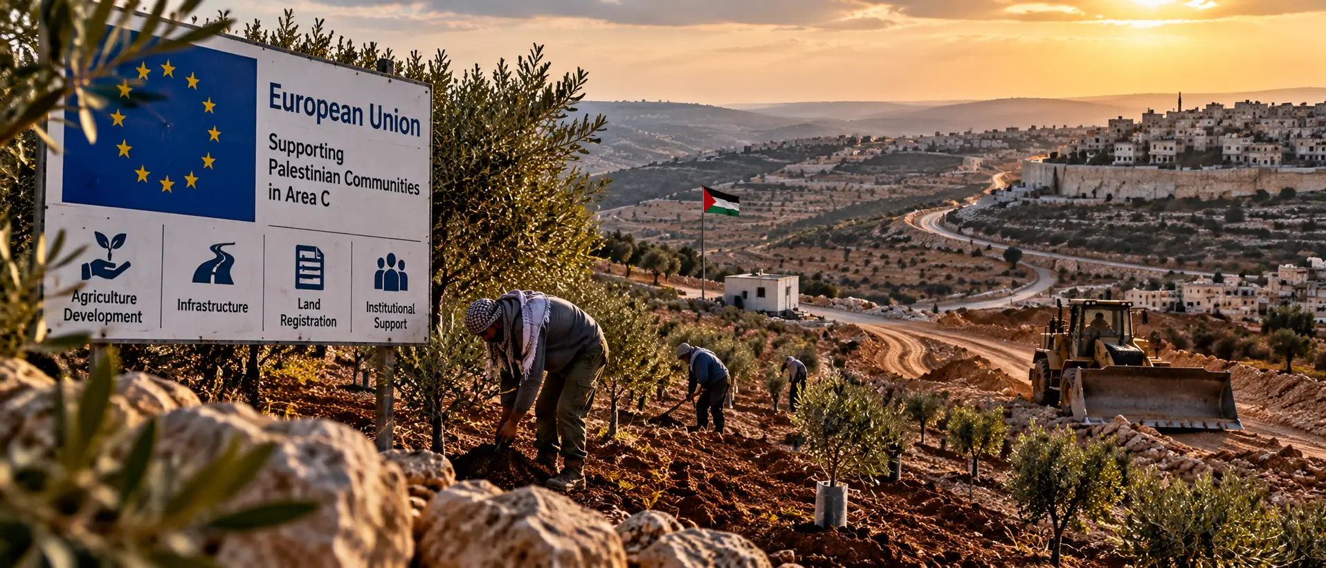 EU-Förderung und Landentwicklung in Area C EU-Förderung, Olivenpflanzungen und Infrastrukturarbeiten in Area C unter Israels Planungszuständigkeit nach Oslo.
