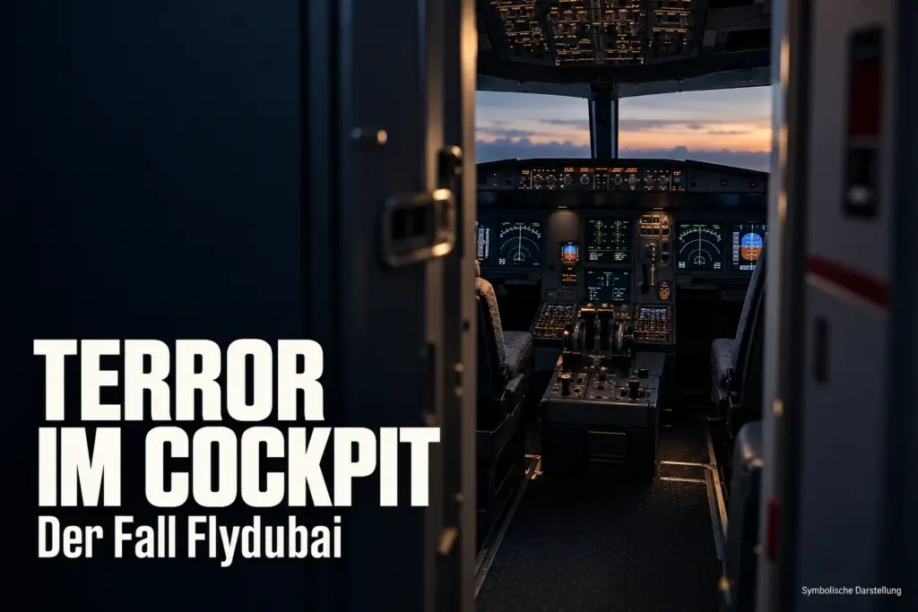 Blick durch eine geöffnete Cockpittür mit der Aufschrift „Terror im Cockpit – Der Fall Flydubai“, symbolische Darstellung
