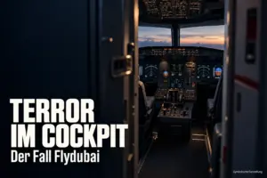 Blick durch eine geöffnete Cockpittür mit der Aufschrift „Terror im Cockpit – Der Fall Flydubai“, symbolische Darstellung