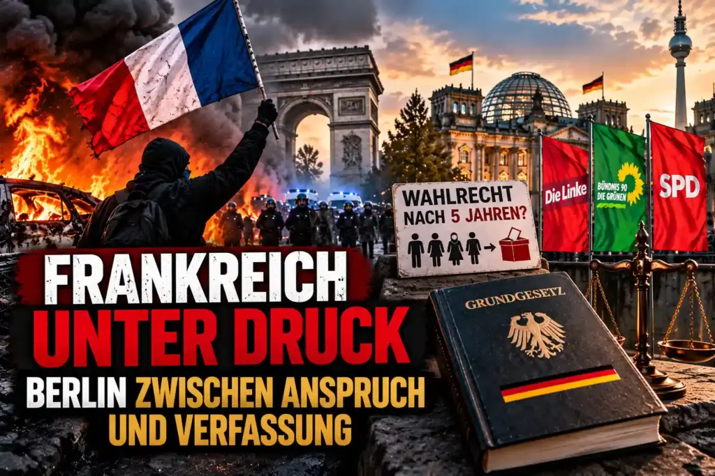 Symbolische Montage zu Frankreichs Ausschreitungen und Berlins Politik mit Reichstag, Parteifahnen und Grundgesetz.