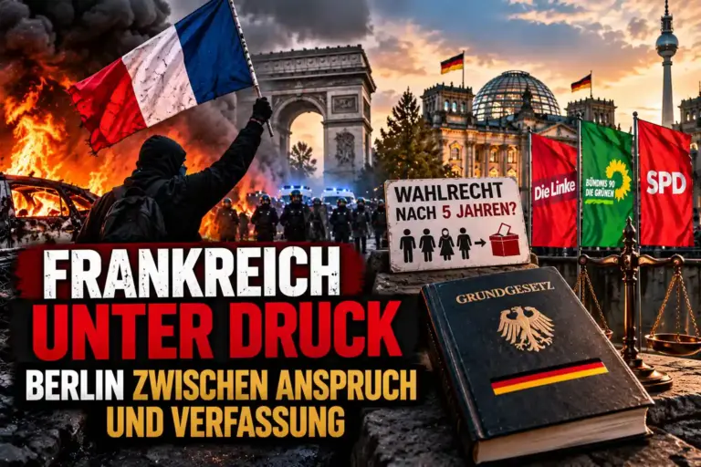 Symbolische Montage zu Frankreichs Ausschreitungen und Berlins Politik mit Reichstag, Parteifahnen und Grundgesetz.