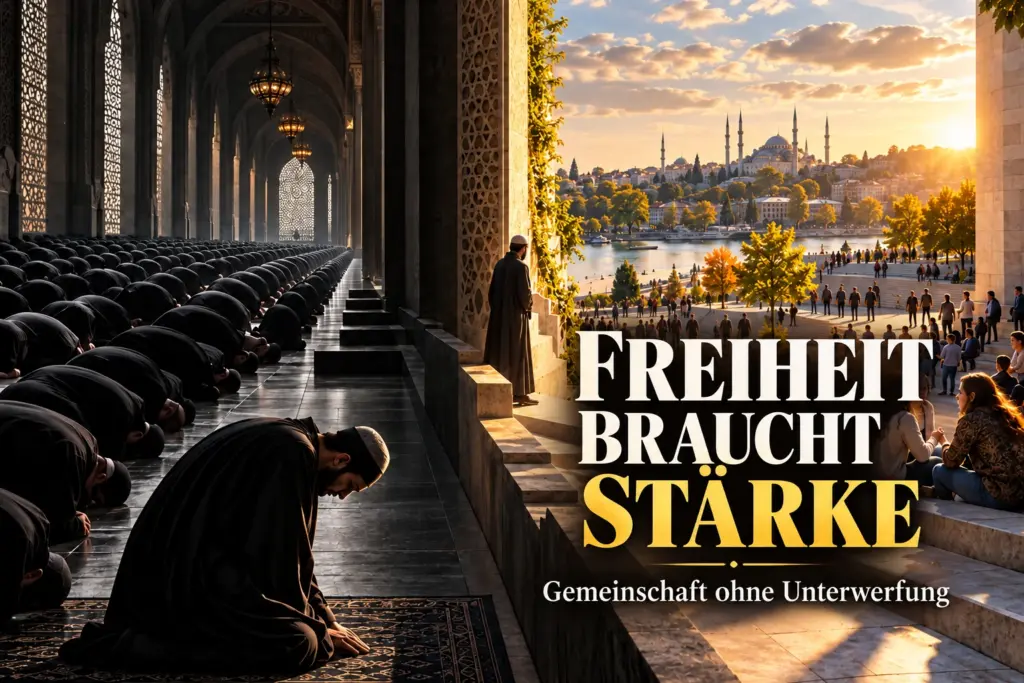Symbolisches Titelbild mit betenden Muslimen und einer offenen Stadtszene am Wasser