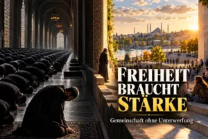 Symbolisches Titelbild mit betenden Muslimen und einer offenen Stadtszene am Wasser