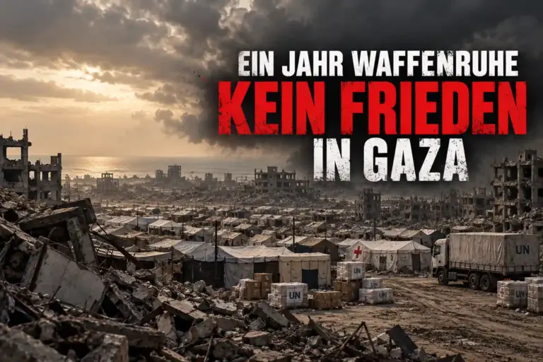 Symbolische Darstellung zerstörter Gebäude, eines Zeltlagers und humanitärer Hilfsgüter unter der Schlagzeile „Kein Frieden in Gaza“