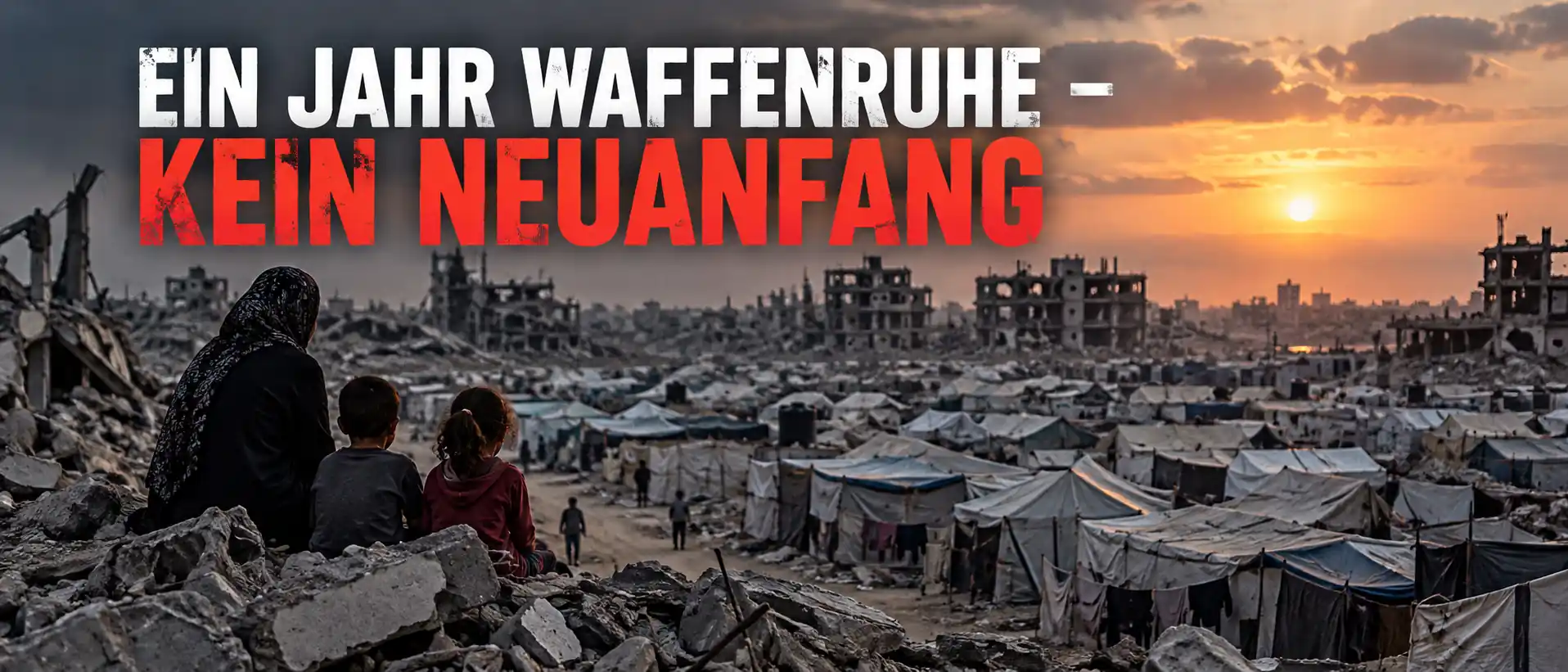 Gaza nach einem Jahr Waffenruhe: Kein Neuanfang Symbolische Darstellung von Frau und zwei Kindern vor Zeltlager und zerstörten Gebäuden, nachdem die Waffenruhe in Kraft trat