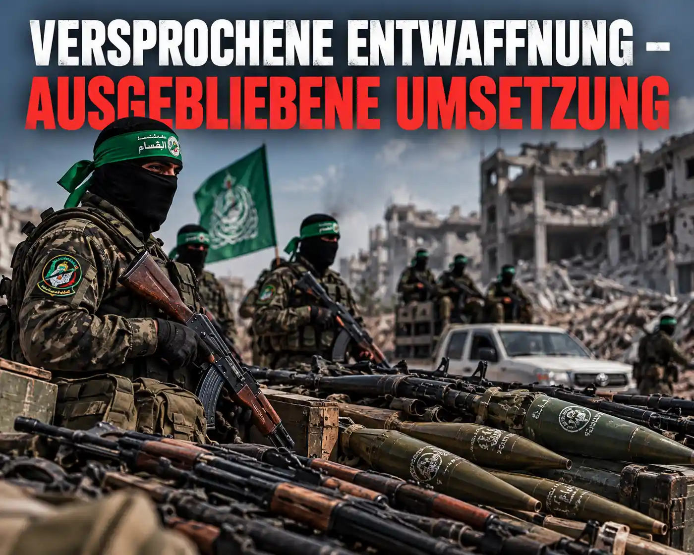 Hamas weiterhin bewaffnet: Versprochene Entwaffnung bleibt aus Symbolische Darstellung bewaffneter, maskierter Kämpfer vor zerstörten Gebäuden mit Waffen und militärischer Ausrüstung