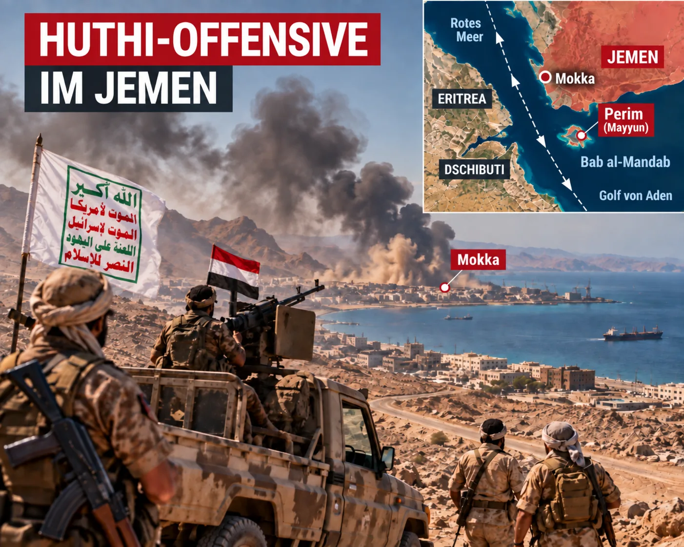 Huthi-Offensive im Jemen - Mokka und Bab al-Mandab KI-Illustration zur Huthi-Offensive im Jemen mit Kämpfern, Flaggen sowie Lagekarte von Mokka, Perim und Bab al-Mandab.