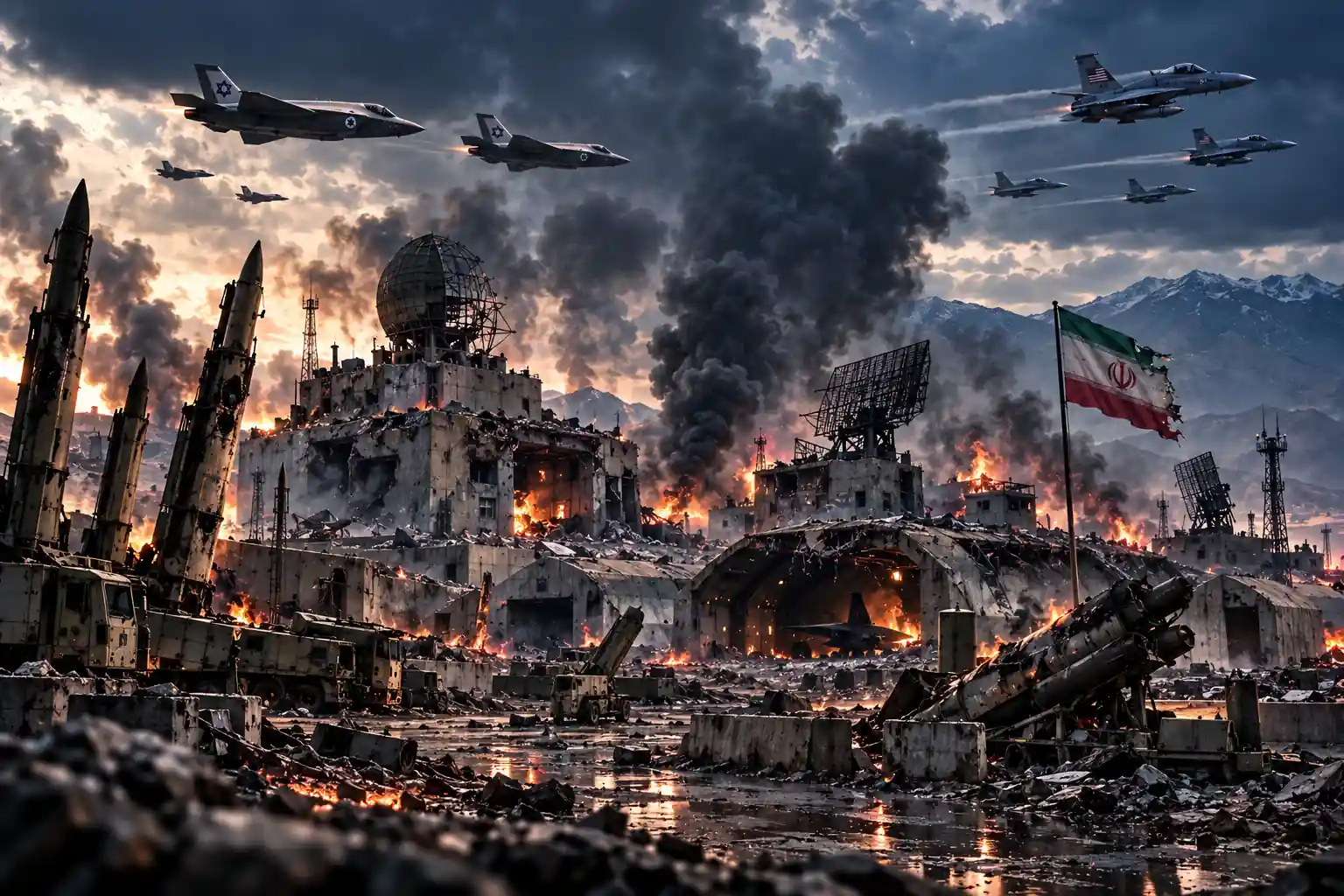 Israels und Amerikas Schlag gegen Irans Militärstruktur Schwer beschädigte iranische Militäranlage mit Raketenstellungen, Radarsystemen, iranischer Flagge sowie israelischen und amerikanischen Kampfflugzeugen.