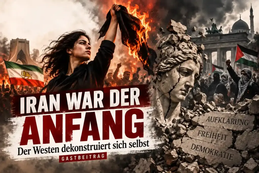 Iranische Demonstrantin mit brennendem Kopftuch vor zerfallender westlicher Symbolik und Protestszene