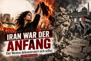 Iranische Demonstrantin mit brennendem Kopftuch vor zerfallender westlicher Symbolik und Protestszene