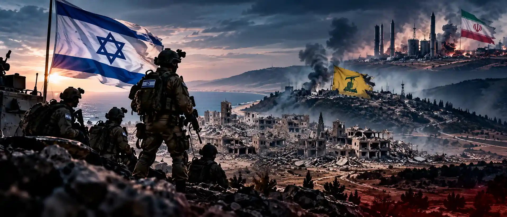 Israel verändert das militärische Kräfteverhältnis Israelische Soldaten und Israelflagge vor zerstörter Infrastruktur sowie Symbolen von Hisbollah und Iran.
