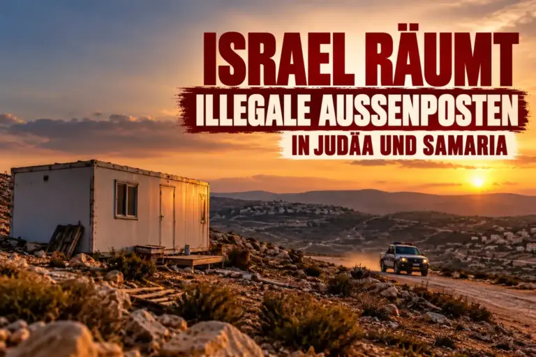 Symbolischer Außenposten mit Wohncontainer und Fahrzeug in hügeliger Landschaft bei Sonnenuntergang