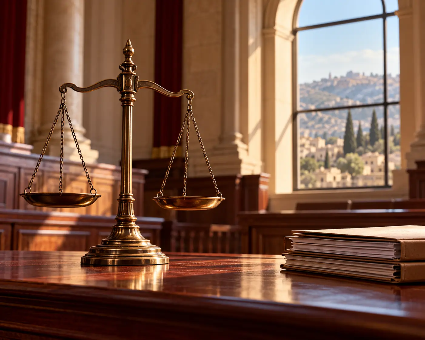 Israels Rechtsstaat und gerichtliche Auflagen Symbolische Justizwaage mit Akten im Gerichtssaal zu Auflagen für nicht genehmigte Außenposten