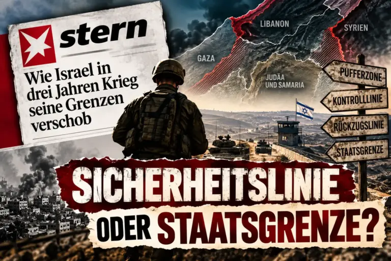 Symbolische Mediencollage mit stern-Schriftzug, israelischem Soldaten und Landkartengrafik zu Sicherheitslinien und Staatsgrenzen.