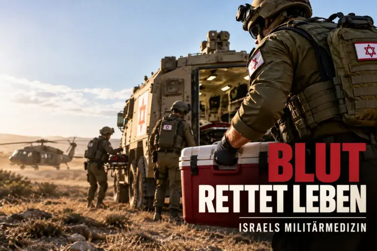Symbolische Rettungsszene mit israelischen Militärsanitätern, gepanzertem Sanitätsfahrzeug, Blutkühlbox und Hubschrauber.