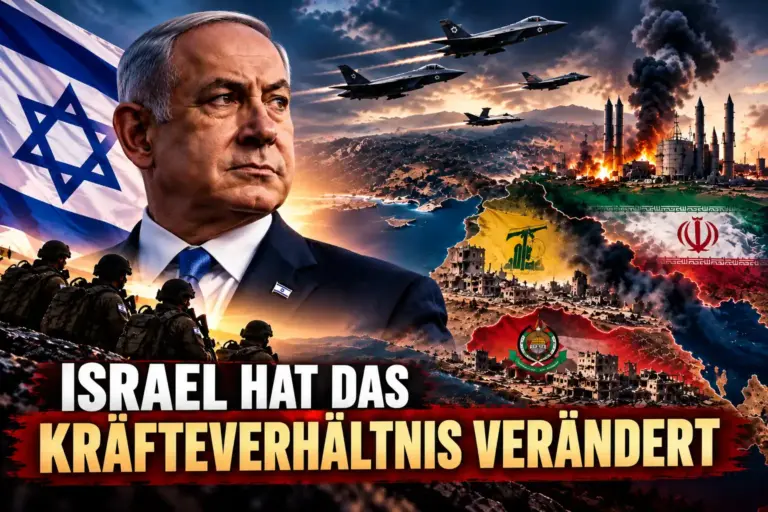 Israelischer Regierungschef vor Israelflagge, Soldaten, Kampfflugzeugen und brennenden Stellungen regionaler Gegner.