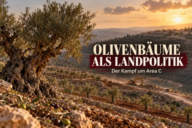 Alter Olivenbaum vor terrassierter Hügellandschaft mit Bagger und dem Schriftzug „Olivenbäume als Landpolitik“.