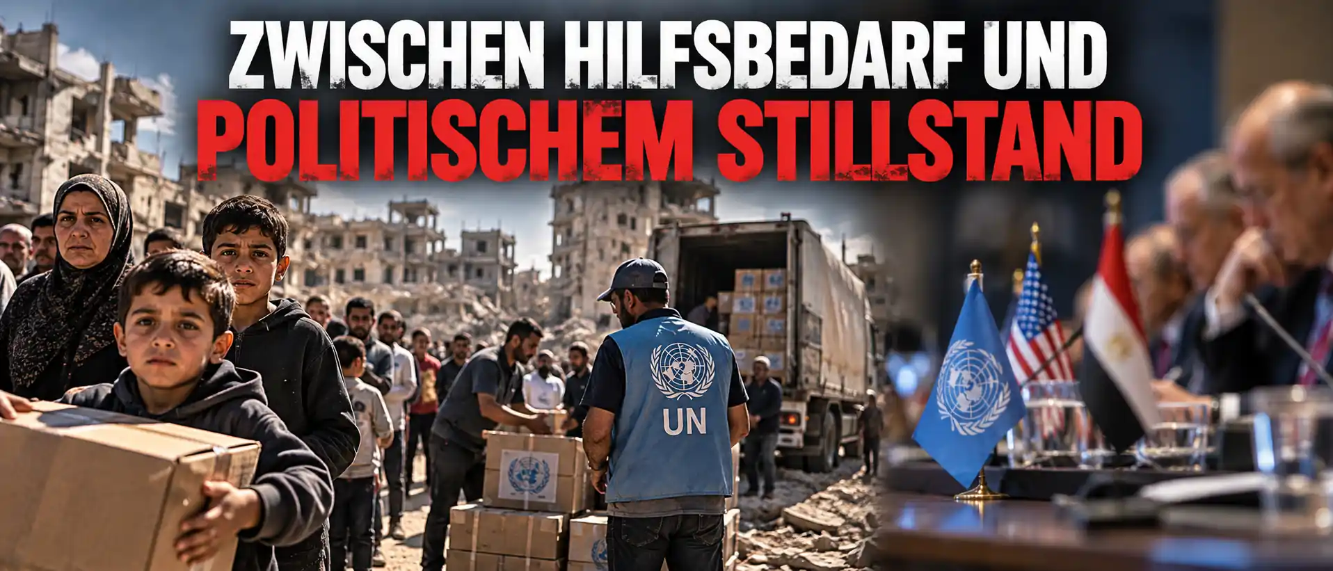 Gaza zwischen humanitärem Hilfsbedarf und politischem Stillstand Symbolische Darstellung humanitärer Hilfe, zerstörter Gebäude und einer internationalen Verhandlungssituation mit Flaggen