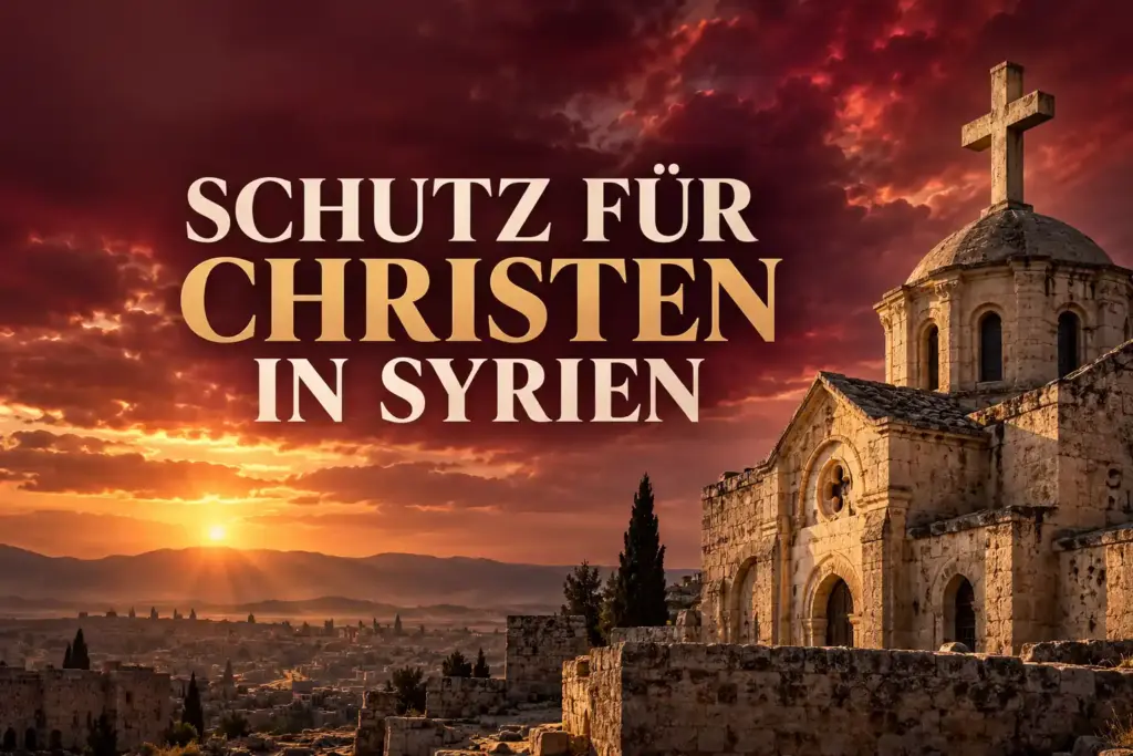 Symbolische Darstellung einer Kirche mit Kreuz vor einem Abendhimmel. Im Bild steht „Schutz für Christen in Syrien“.