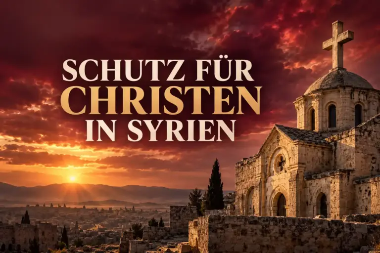 Symbolische Darstellung einer Kirche mit Kreuz vor einem Abendhimmel. Im Bild steht „Schutz für Christen in Syrien“.