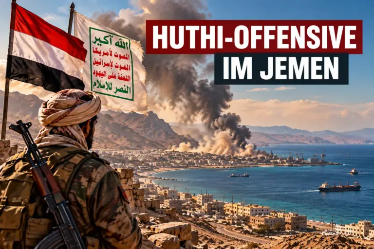 KI-Illustration zur Huthi-Offensive im Jemen mit bewaffnetem Kämpfer, Huthi-Banner und Hafenstadt am Roten Meer.